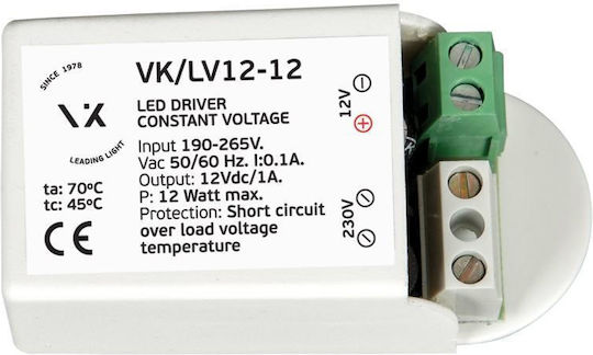 VK Lighting Ρυθμιζόμενο Dimmable Τροφοδοτικό LED IP20 Ισχύος 12W με Τάση Εξόδου 12V VK/LV12-24 78000-371016