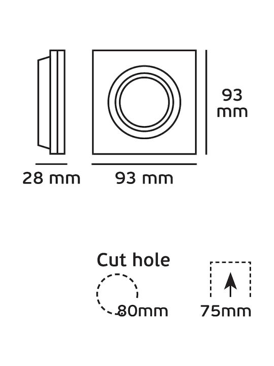 VK Lighting VK/03014G/B Τετράγωνο Μεταλλικό Χωνευτό Σποτ με Ντουί GU10 Κινούμενο σε Μαύρο χρώμα 9.3x9.3cm 64173-059121 - second view