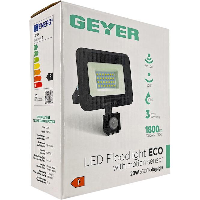 GEYER Προβολέας LED Economy 20W 6500K IP44 με Ανιχνευτή Κίνησης Μαύρος - LPRM20DΕS