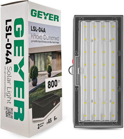 Geyer Επιτοίχιο Ηλιακό Φωτιστικό 6W 800lm με Ψυχρό Λευκό Φως 6500K IP65 LSL-04A