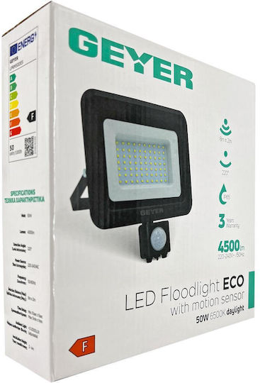 GEYER Προβολέας LED 50W 6500K 5500lm IP65 με Ανιχνευτή Κίνησης LPRM50DES