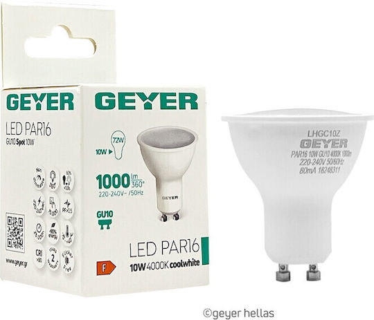 Geyer LHGC10Z Λάμπα LED 10W για Ντουί GU10 και Σχήμα PAR16 Φυσικό Λευκό 1000lm  4000K