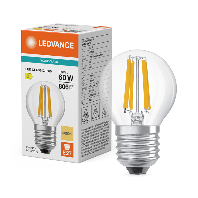 LEDVANCE LED Classic P 60 Filament V 5.9W 830 Clear E27 4099854482281