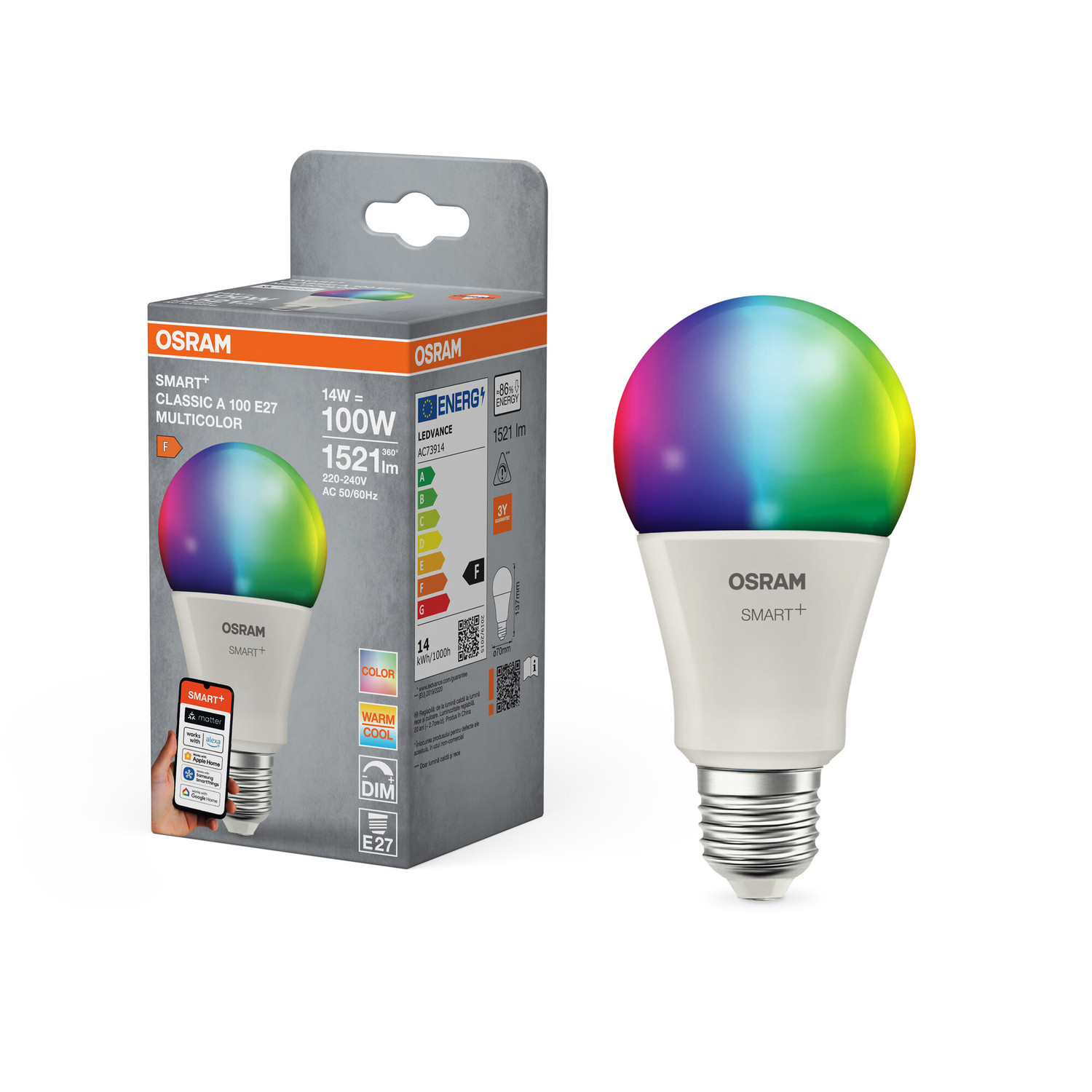 OSRAM Smart+  Λάμπα LED 14W για Ντουί E27 και Σχήμα A75 RGBW 1521lm Dimmable MATTER 4099854461255
