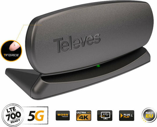 Televes Innova T-Force 5G LTE HD Boss Εσωτερική Κεραία Τηλεόρασης (απαιτεί τροφοδοσία) σε Μαύρο Χρώμα Σύνδεση με Ομοαξονικό (Coaxial) Καλώδιο 130220 