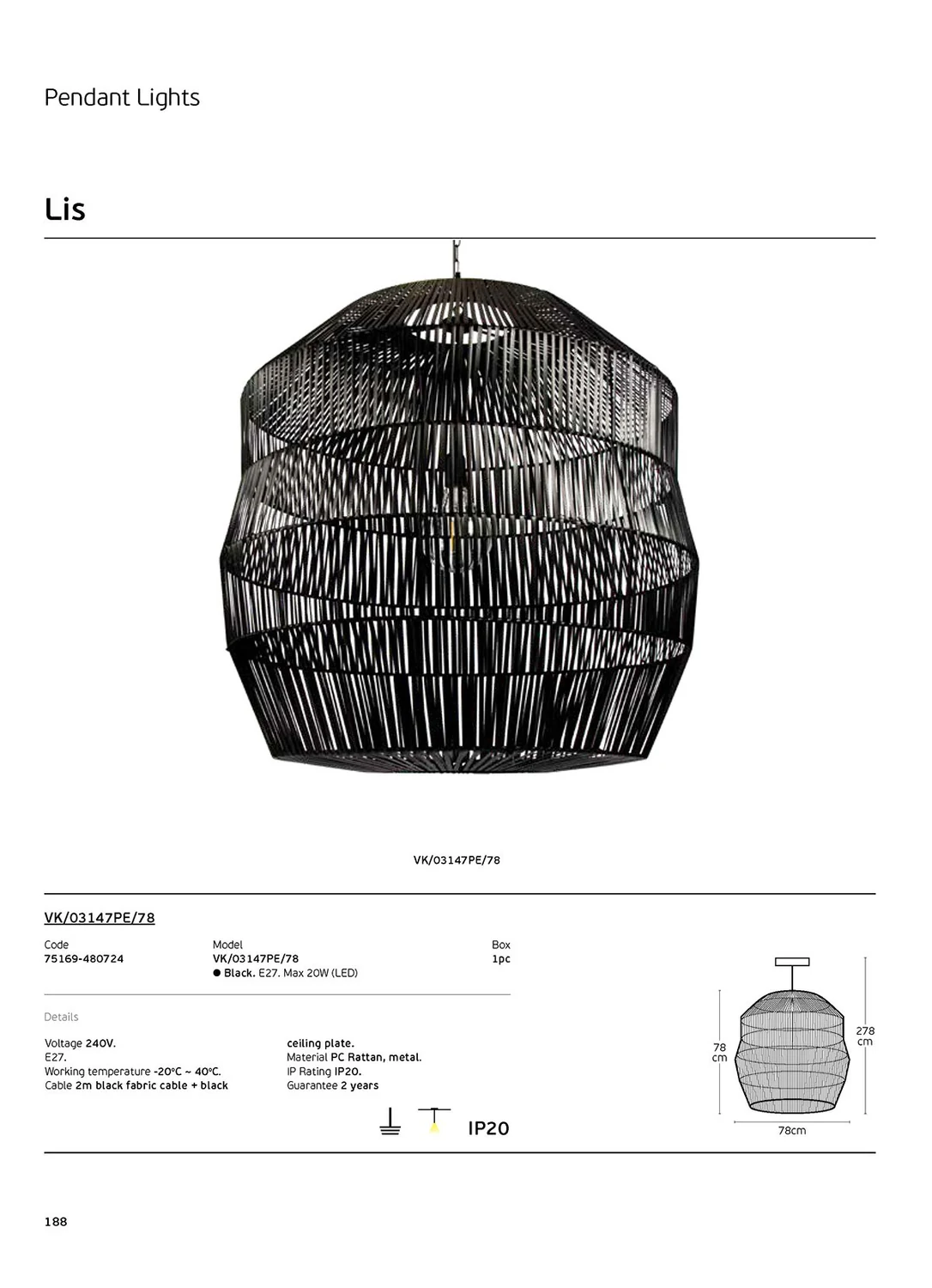 VK Lighting VK/03147PE/78 Vintage Κρεμαστό Φωτιστικό Μονόφωτο με Ντουί E27 σε Μαύρο Χρώμα - second view