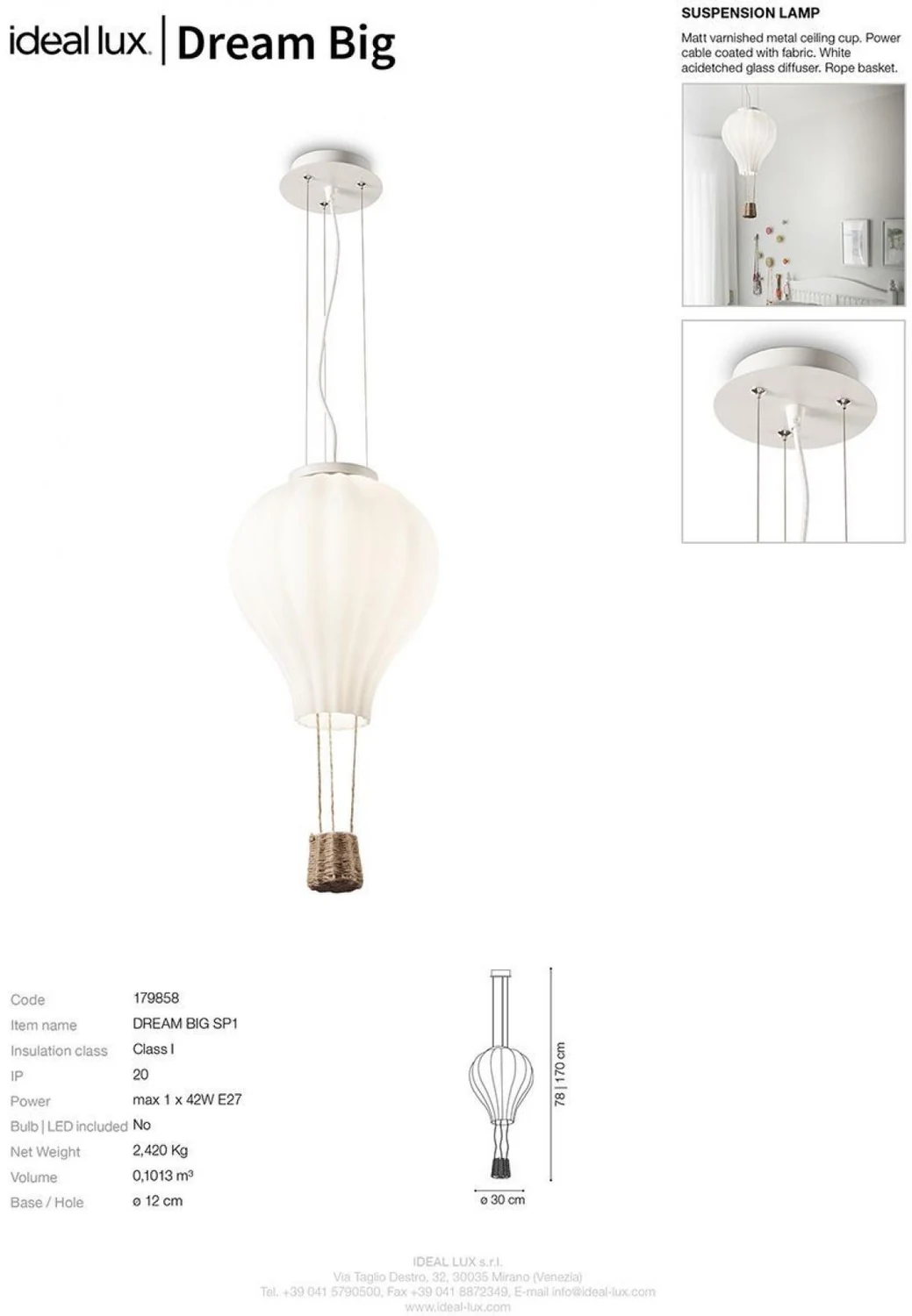 Ideal Lux Dream Big SP1 Μονόφωτο Παιδικό Φωτιστικό Κρεμαστό από Μέταλλο 42W με Υποδοχή E27 σε Λευκό Χρώμα 30cm - μικρογραφία 5