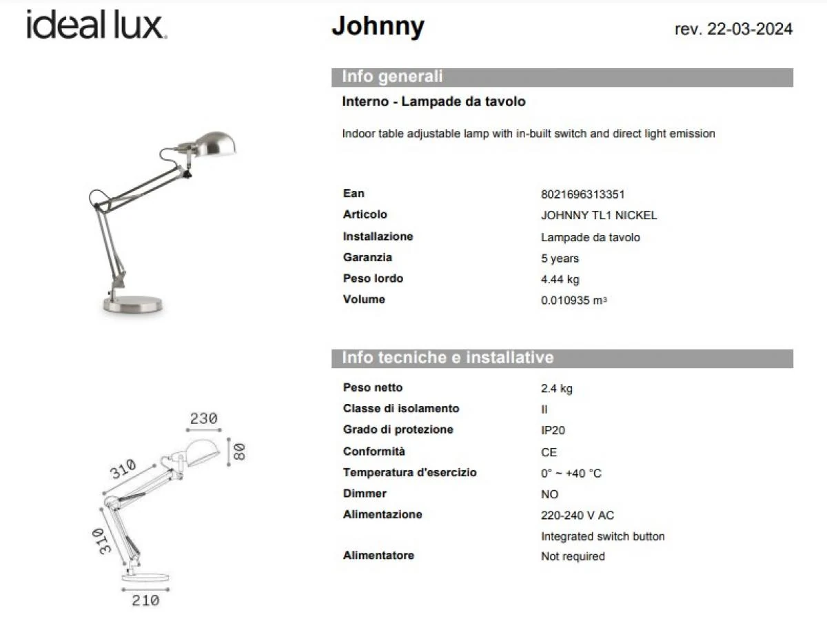 Ideal Lux Φωτιστικό Γραφείου Μεταλλικό Νίκελ Ματ  Εκ. Johnny TL1 313351  - second view