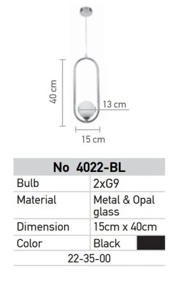 Inlight Κρεμαστό Φωτιστικό για Ντουί G9 Μαύρο 15x40εκ. 4021-BL - μικρογραφία 4