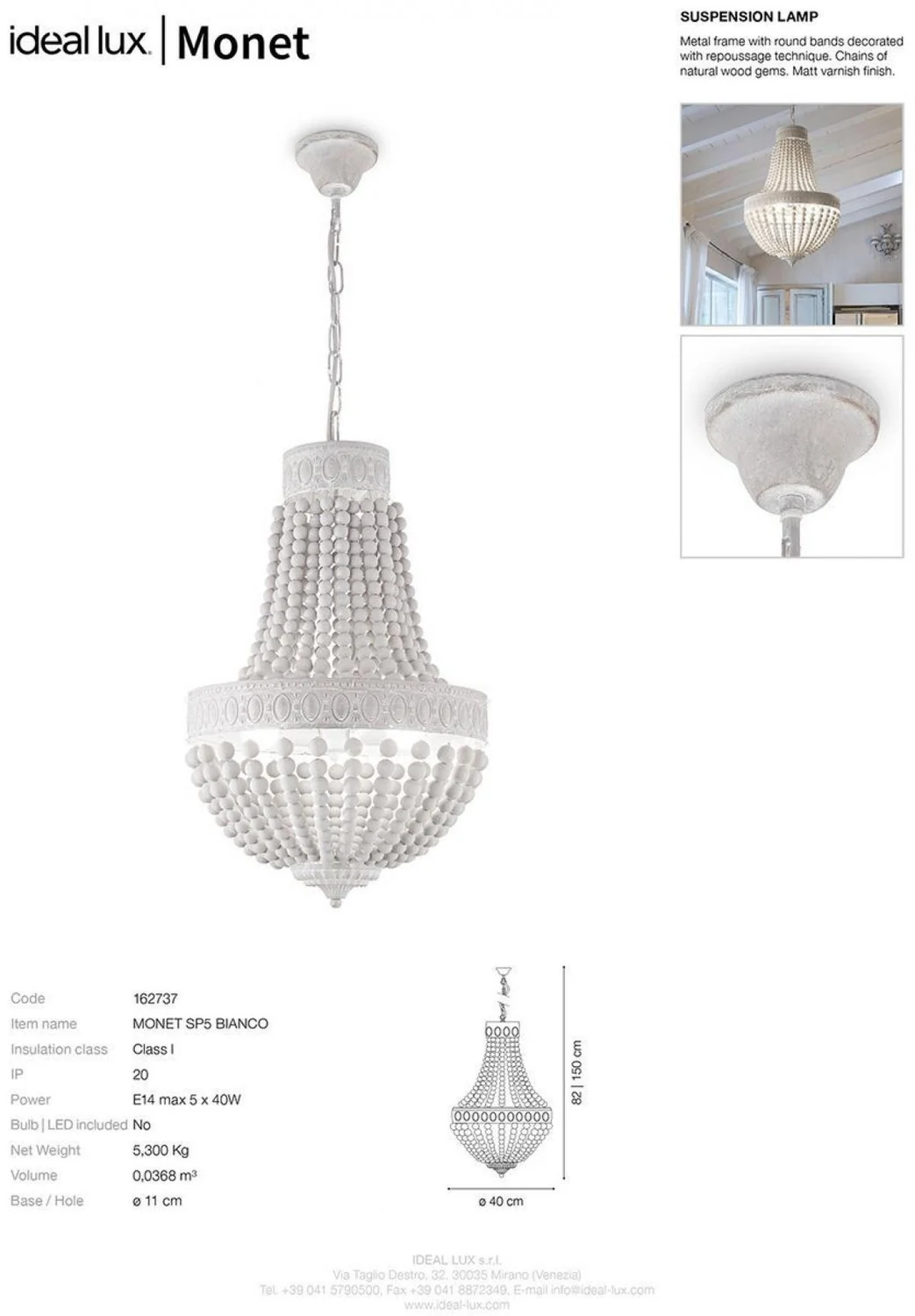 ΚΡΕΜΑΣΤΟ ΦΩΤΙΣΤΙΚΟ ΟΡΟΦΗΣ 5ΦΩΤΟ ΛΕΥΚΟ Ø40 MONET SP5 162737 | IDEAL LUX