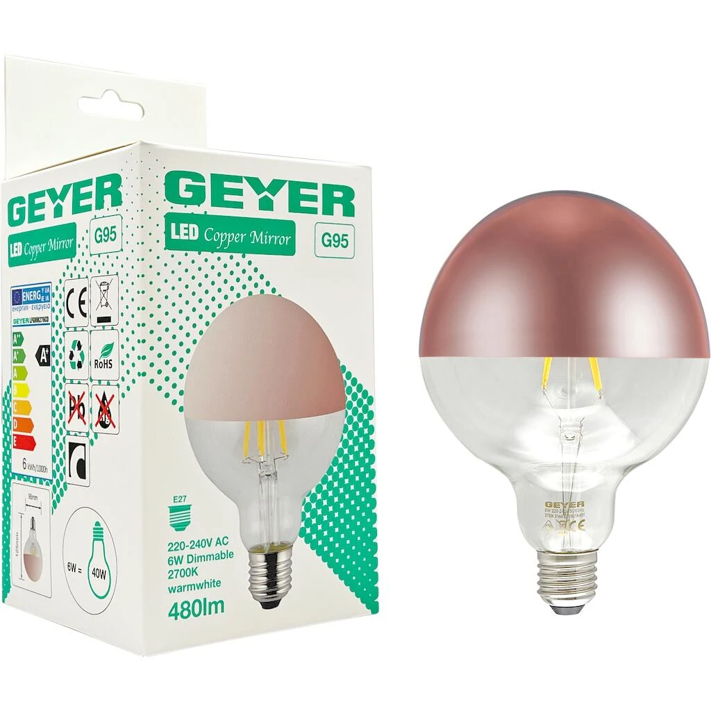 Geyer Λάμπα LED 6W για Ντουί E27 και Σχήμα G125 Θερμό Λευκό 480lm Dimmable LFGBM276CD
