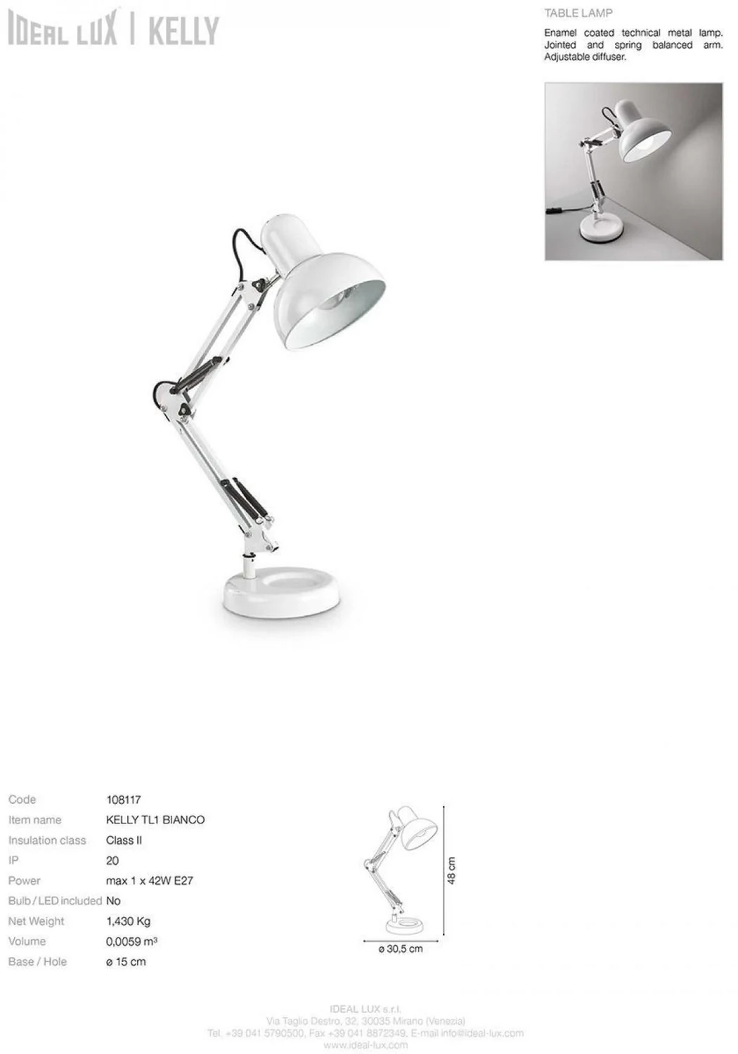 Ideal Lux Kelly TL1 Φωτιστικό Γραφείου με Σπαστό Βραχίονα για Ντουί E27 σε Λευκό Χρώμα 108117 