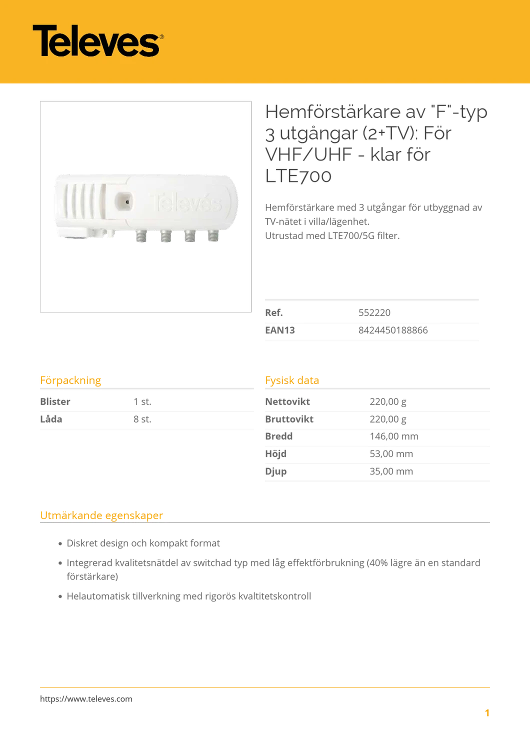 Televes F 5g Lte 110dbuv V Ενισχυτής Γραμμής 552220 - second view