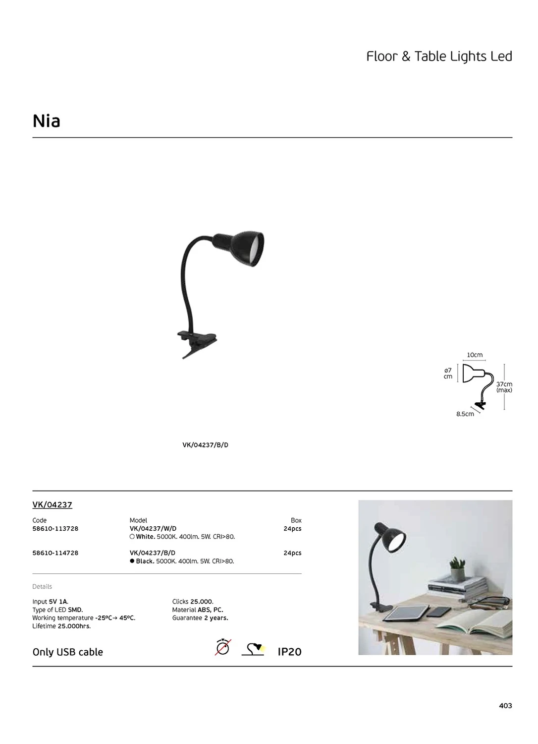 VK Lighting LED Φωτιστικό Γραφείου με Εύκαμπτο Βραχίονα και Κλιπ σε Λευκό Χρώμα VK/04237/W/D 58610-113728 - second view