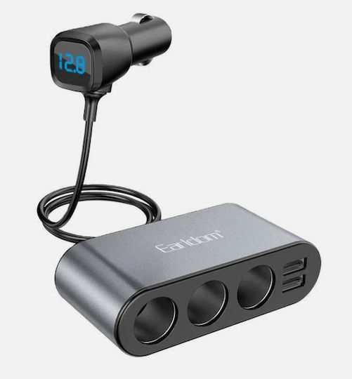 Earldom ET-CS2 – Φορτιστής Αυτοκινήτου 120W με 2 Θύρες USB-A, 3 Υποδοχές Αναπτήρα και Ψηφιακό Βολτόμετρο