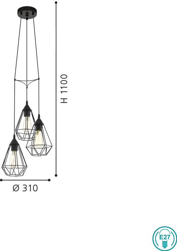 Κρεμαστό Φωτιστικό Οροφής 3φωτο μεταλλικό σε μαύρο χρώμα EGLO Tarbes 94191 - second view